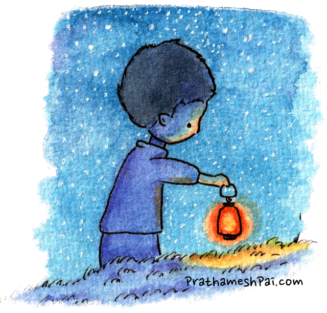 Illustration of the author as a child, holding a lamp, off on an adventure